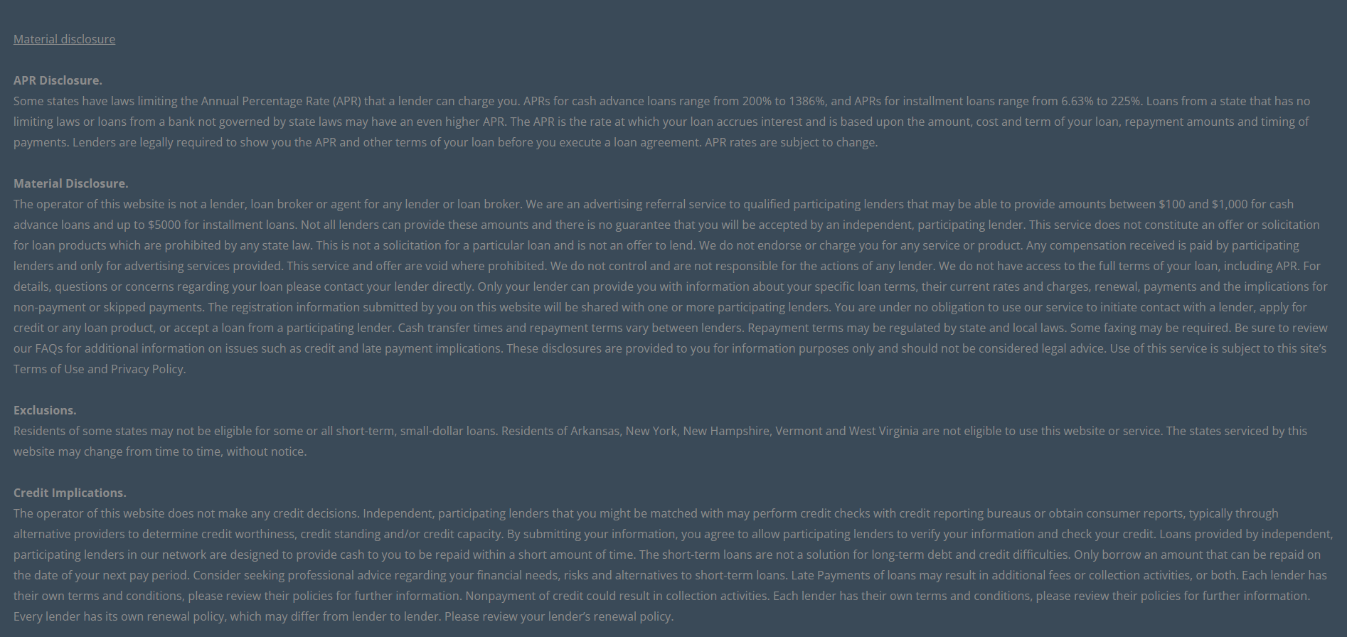 Material disclosure for payday loans in Berkeley California